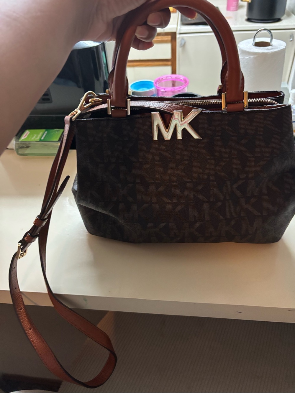 Michael Kors Brown Signature MK Satchel with Tan Trim and Gold Logo